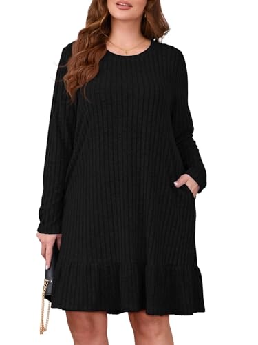 BELAROI Plus Size Sweater Dress Crew Neck Long Sleeve Casual Fall Winter Loose Tunic Dress Pockets Ruffle Hem