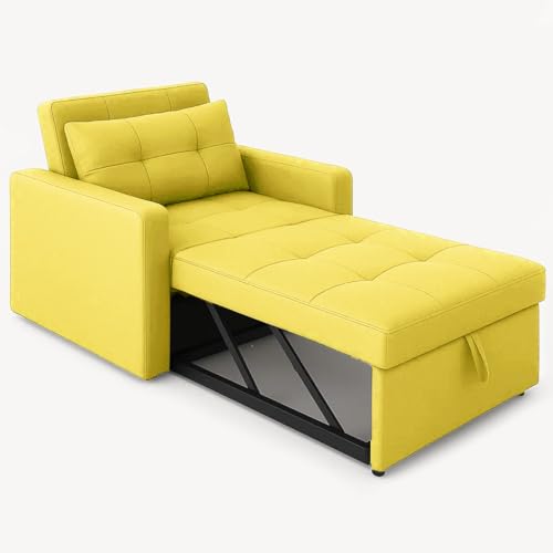 Image of CASASTYLE Trissa 1 Seater Pull-Out Premium Fabric Sofa Cum Bed Sofa Set for Living Room (Yellow Fabric)