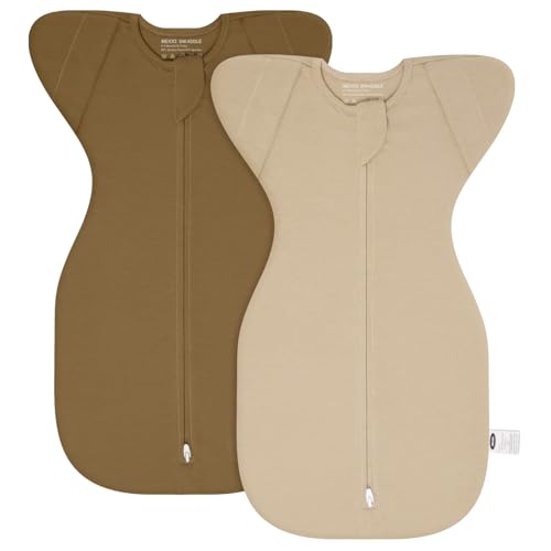 Image of MEXXI Swaddle Baby Sleep Sack With Arms Up, 2 Pack Baby Transitional Swaddle with Double Zipper,0.5 TOG (Sepia+Almond, 0-3 Months)