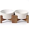 Getstar Ceramic Dog Bowls with Acacia Wood Stand, 30 fl oz, Set of 2, Dog Food Bowl, Cat Bowls (6.5 inches) (Vintage White)