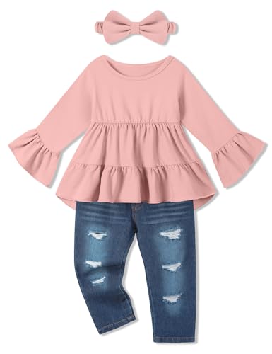 Image of Toddler Girl Clothes Long Sleeve Ruffle Dress Top and Jeans Pants Toddler Girl Fall Outfits