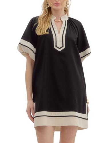 Esmeling Women's Color Block Pullover Dress V-Neck Puff Sleeve Mini Dress with Pockets