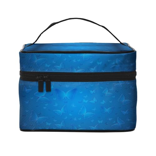 Beauty case organizer grande borsa da viaggio con stampa a nastro rosa con cerniera per donne e truccatori quadrata portatile Farfalla blu Taglia unica
