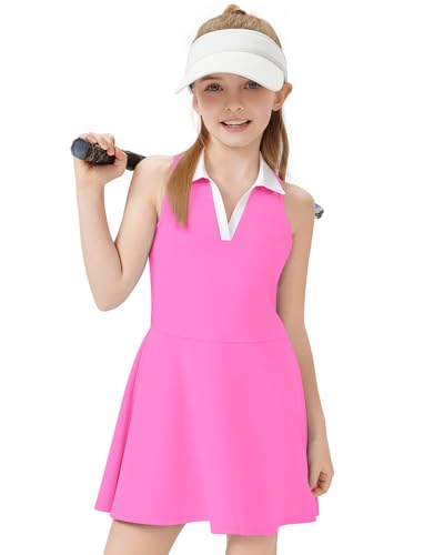 WOWENY Girls Tennis Dress Polo Sleeveless Golf Outfit Kids Workout Sets Athletic Dress with Shorts Pockets 4-14 Years