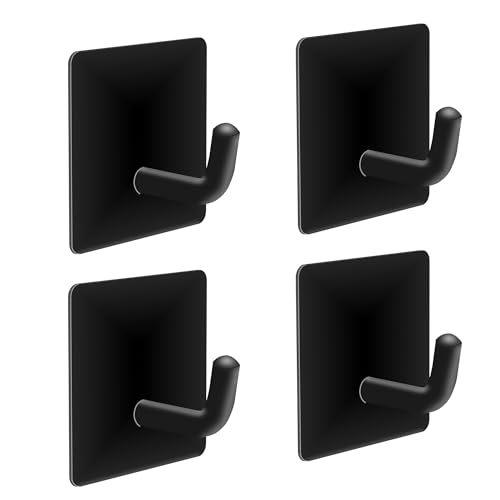 XIANG YXWO Heavy Duty Adhesive Hooks, Matte Black Metal Sticky 4 Pack Hooks, Waterproof Hook for Coat, Hat,Towel, for Kitchen, Bathroom, Kitchen, Bedroom. No Damage No Drilling for Wall