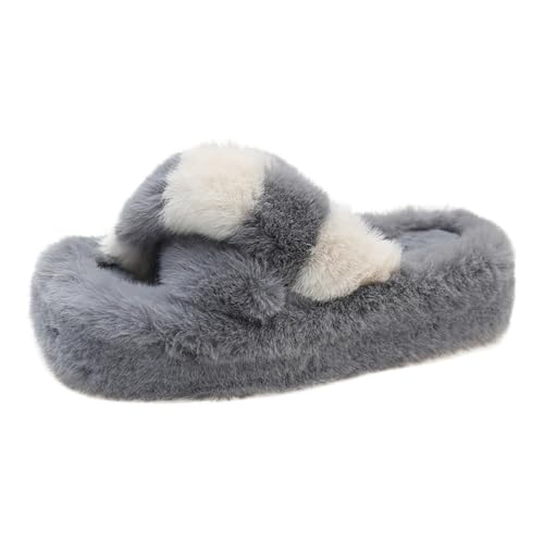 Harssidanzar Womens Fuzzy Slides Fluff Faux Fur Color Cross Slippers Open Toe House Slipper Sandals Indoor/Outdoor KL511US