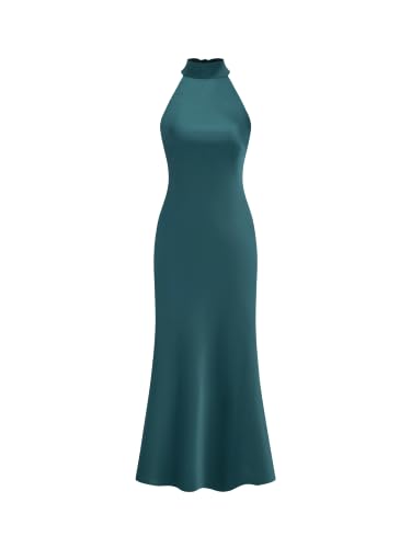 CIDER Womens Satin Halter Backless Maxi Dress Sleeveless: Dark Green, S