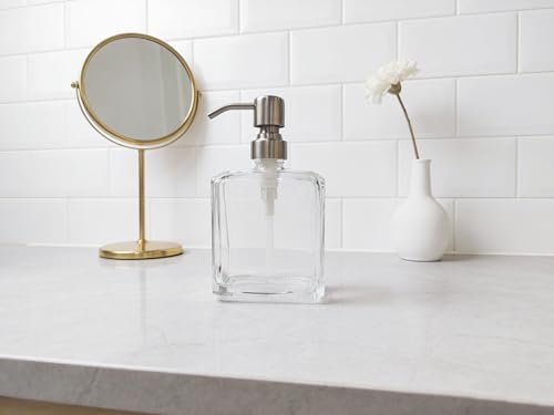 Image of Square Clear Glass Dish Soap Dispenser, Antique Design Refillable Hand Soap Dispenser with Rust Proof Stainless Steel Pump, 13.5 oz Lotion Dispenser for Bathroom Vanity, Kitchen Countertop