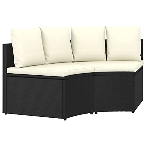 Bucmath Ensemble de canapé de jardin en polyrotin noir, coussins blanc crème, pieds réglables en forme d'éventail, pour terrasse, balcon, jardin, durable, résistant aux intempéries