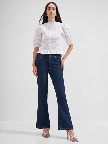Image of Tokyo Talkies Women Blue Solid Mid Rise Bootcut Jeans