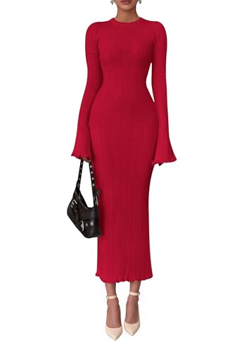 PRETTYGARDEN Sweater Dresses for Women 2025 Fall Bell Long Sleeve Crew Neck Bodycon Maxi Dress Winter Ribbed Knit Outfits (Red,Medium)