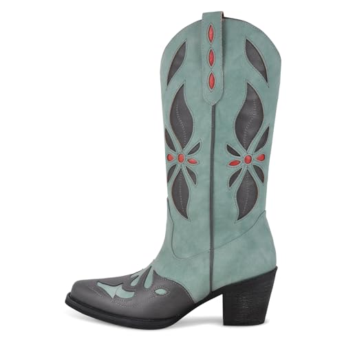 sexytag Embroidered Western Cowboy Boots for Women Cutout Pointed Toe Chunky Low Heel Vintage Pull On Cowgirl Boots