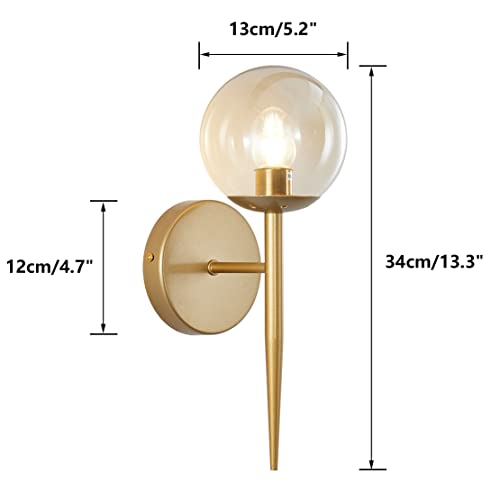 Image of BOKT Vintage Brushed Gold Bathroom Wall Sconce Set of Two Mid Century Modern Globe Vanity Wall Sconce Lighting Set of 2 Bedroom Bar Wall Lamp Amber Glass Wall Lights (Amber)