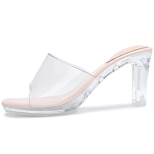 NBUUNBU Chunky Heels for Women Clear Platform Heels Sexy Block High Heels Sandals Square Toe Open Toe Transparent Strap Comfortable Dress Shoes Slip on Mules