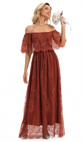 Image of HOYISHION Women's Off The Shoulder Floral Lace Maxi Dress White Bridesmaid Wedding Party Maternity Photoshoot Long Dresses