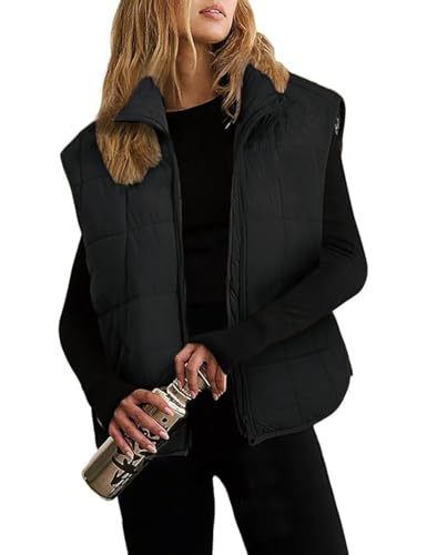 Xiaoxuemeng Puffer Vest Women Lightweight Zip Up Quilted Vest Padded Gilet Sleeveless Jacket with Pockets (Black-S)