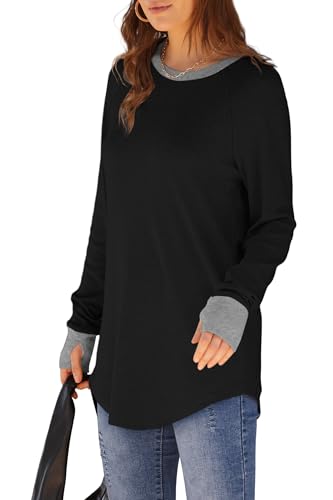 Image of XIEERDUO Womens Tunic Tops to Wear with Leggings Long Sleeve Thumb Hole Shirts Crew Neck Curved Hem