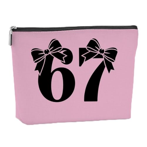 Funny Six Seven 67 Makeup Bag Coquette Bow Cute 6 7 Meme Cosmetic Bag Gag Funny Gifts for Women Teen Girls Daughter Mom Aunt Friend Trendy 67 Meme Christmas Friendship Anniversary Birthday Gifts,Pink