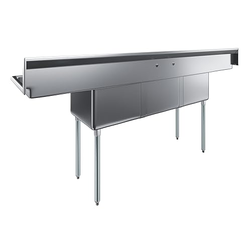 Image of AmGood Stainless Steel Prep & Utility Sink | 304 Stainless Steel | Restaurant, Kitchen, Laundry, Garage | NSF (23 in. x 90 in. | Three Bowls | 2 Drainboards)