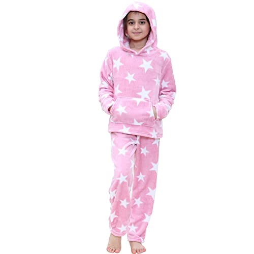 Girls Stars Print Fleece Extra Soft Loungewear Fashion Flannel Fleece Lounge Suit Hooded PJS Outfit Sets