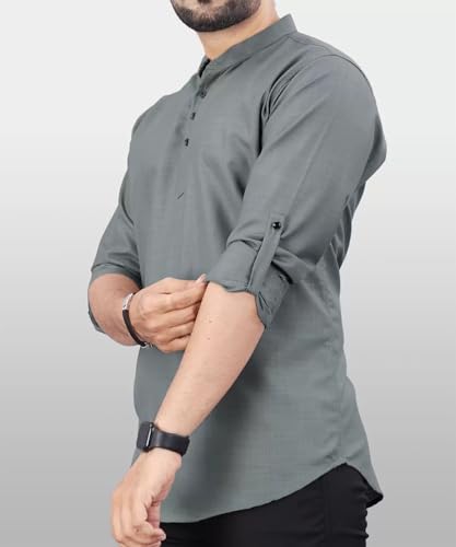 Image of DEEMOON Men's Regular Fit Solid Sprad Collar Casual Shirt with a Trendy Mandarin Collar Crafted from a Premium Cotton Blend