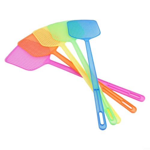 Set of 5 Long Handle Heavy Duty Plastic Fly Swatters with Large Swat Area for Effective Manual Insect Control, for Indoor Kitchens, Outdoor Gardens, Patios and Camping, Includes Mixed Colours