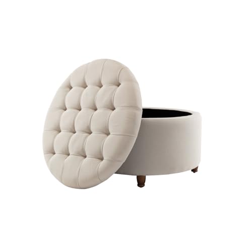 Image of Noelle 28 inch Ottoman with Storage | Ottoman Pouf Stool for Sitting and Footrest Stool for Makeup Cosmetic Laundry, Toys Storage Organizer Bin Bench Box Color Cream