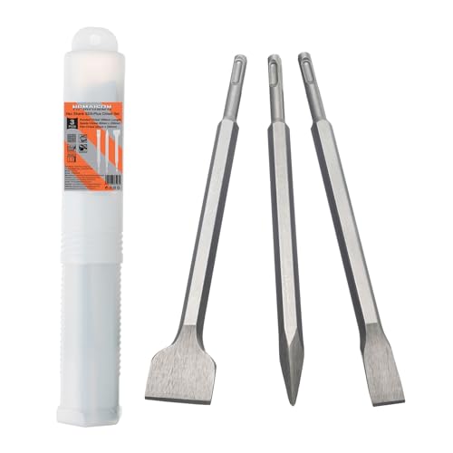 HPMAISON Juego de cinceles SDS-Plus de 3 piezas, Vástago hexagonal Pala de alta calidad, cincel plano y de punta para mampostería pared de ladrillo granito uso universal