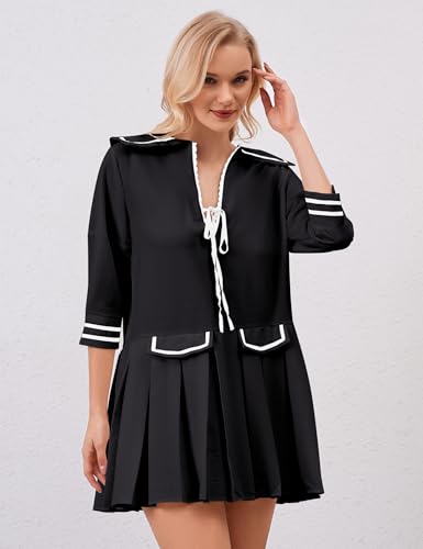 Image of Women Cute Ruffle Tunic Mini Dress Summer Pleated Babydoll Shirt Dress Casual Loose V Neck 3 /4 Sleeve Short Sundress Black