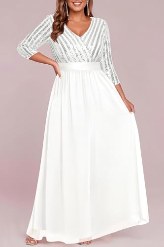 Image of Womens Plus Size Formal Dresses - V Neck 3 /4 Sleeve Sequin Prom Evening Gowns Long Maxi Dres