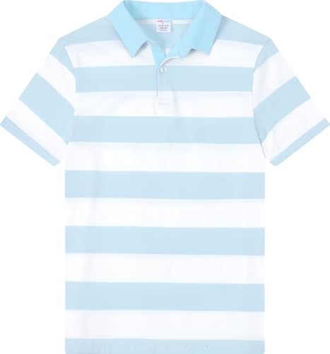 Image of COSLAND Blue and White Boys Striped Polo Shirt, Sky Blue & White,XS