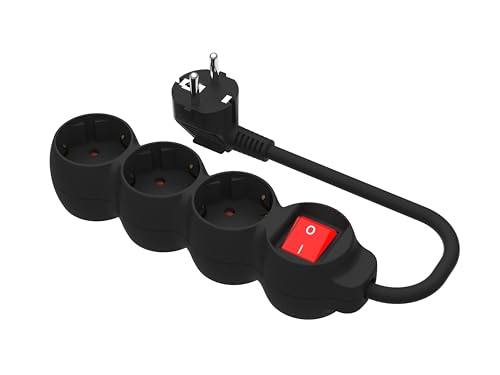 Simon   Base Múltiple, Regleta de Enchufe Plano, 3 Tomas de 16A, Ladrón de Enchufes con Toma de Tierra e Interruptor ON/Off, Cable de 1,5 Metros, Color Negro