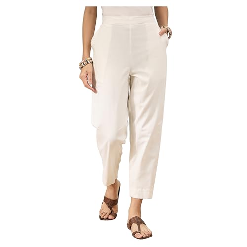 Image of D K W Women's Mid Rise Relaxed Fit Cotton Flex Trousers with Elastic Back & Drawstring - Ideal for Winter, Formal, Office & Casual Wear, Comfortable for Girls and Women