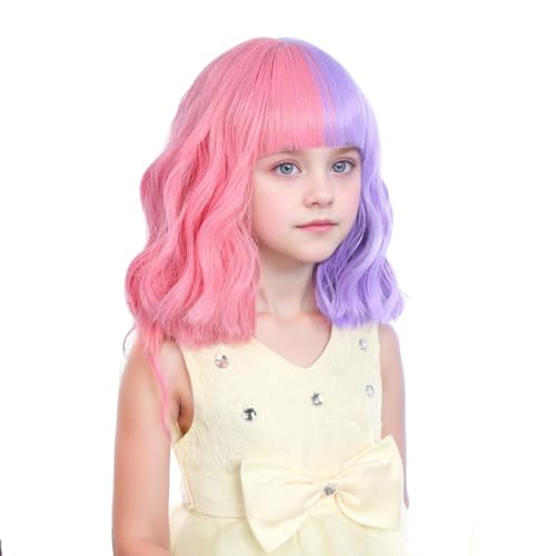 Image of Child Purple Pink Wig Kids Short Half Purple Half Pink Wig With Bangs Girls Wavy Curly Wigs for Halloween Cosplay