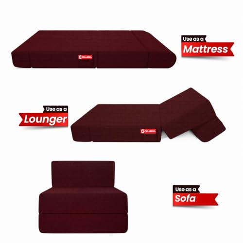 Image of CELLBELL Comfy Sofa Cum Bed 2.5x6 Feet | Foldable Dual Use Couch Bed with Soft Cushions & Sturdy Frame | Space Saving Modern Design for Living Room, Bedroom & Guest Use (Maroon)