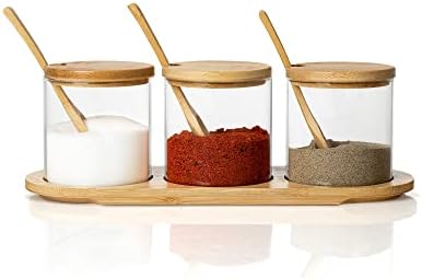 Joeyan 300ml Glass Spice Jars Set of 3 - Condiment Pots Storage Jars with Bamboo Lids, Spoons, Base - Glass Canisters Seasoning Box for Condiment, Salt, Sugar, Herb