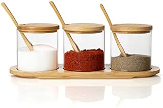 Joeyan 300ml Glass Spice Jars Set of 3 - Condiment Pots Storage Jars with Bamboo Lids, Spoons, Base - Glass Canisters Seasoning Box for Condiment, Salt, Sugar, Herb