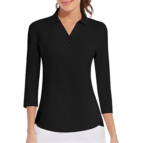 Women's Polo Shirt 3/4 Sleeve Golf Quick Dry T Shirts UPF 50+ Athletic Casual Work Shirts Tops for Women(Black,M) Cover
