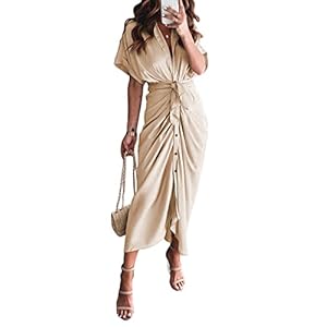 Linsery Women Elegant Satin Button Down Short Sleeve Maxi Shirt Dress with Belt