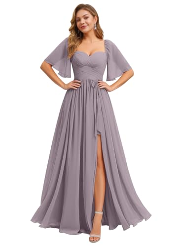 Image of IIF Women's Chiffon Bridesmaid Dresses for Wedding Flutter Sleeves Ruched A Line Long Formal Dress with Slit IIF149