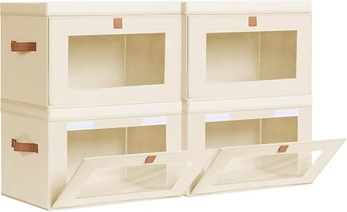 4個セット 押し入れ収納ボックス ふた付き 衣類収納ケース 大容量35L 折りたたみ おしゃれ布製 クローゼット衣装ケース マジックテープ式 前開き透明窓&取っ手付き tシャツ/洋服/カバン/下着収納 (4)