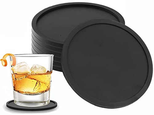 Litensh 8 Stück Silikon Untersetzer Gläser Set, rutschfeste Untersetzer Tasse, Round Glasuntersetzer mit Halter für Bier, Kaffee, Wein , Getränke, Tassen, Glas, Bar, Schwarz Cover