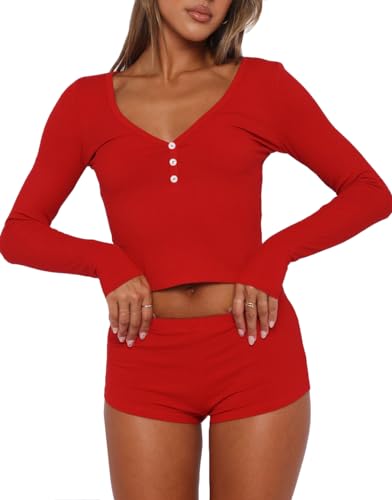 Image of INFITTY Womens Sexy Vneck 2 Piece Sets Casual Long Sleeve Button Short Pajama Outfit 2026 Trendy Crop Top Nightwear