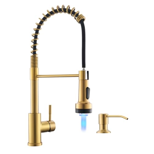 Image of GIMILI Gold Kitchen Faucet with Soap Dispenser Single Hole Pull Down Sprayer LED Faucet, Suitable for Farmhouses, RV, Laundry Room, Outdoor, and Campers. Llave para fregadero de cocina