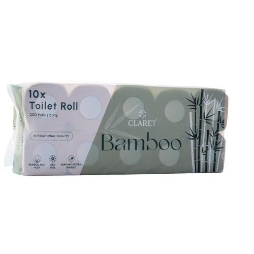 Image of Claret Bamboo 2-Ply Toilet Roll (10 x 10 cm) | 200 Pulls | 10 Rolls in 1 Pack | Ultra Soft & Eco-Friendly | OBA Free | Natural Bamboo Pulp (Pack Of 1 (10 Rolls))