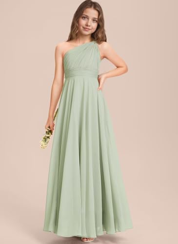 dideyttawl Junior Bridesmaid Dresses Chiffon A-Line Long Flower Girls Dress One Shoulder Pleated Gown for 4-16 25023