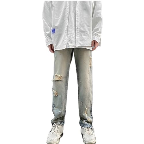 Men's Ripped Slim Fit Jeans Fashion Side Zipper Streetwear Vintage Hip Hop Jeans