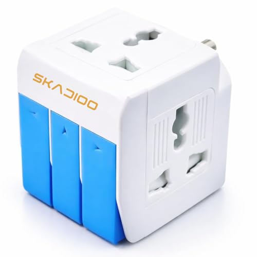 SKADIOO Universal Charger Adapter | 2 Years Warranty, 3-in-1, 5A - 250V | Adapter Charger, Universal Travel Adapter All in One, Multi Plug Adapter, Individual Switch and Fuse Protected (White, Blue)