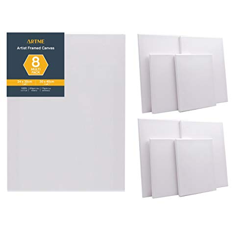 Artme Pre-Stretched Canvas 8pcs - 24x30CM-4pk & 30x40CM-4pk -Assorted Artist Framed Canvas/ 280GSM/100% Cotton/Blank/Triple Primed/Acid Free/Medium Grain/ 1.7cm - Acrylic/Oil