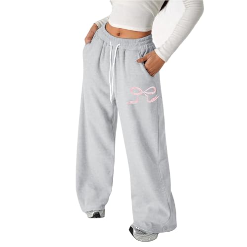 Girls Bowknot Baggy Sweatpants Lightweight Straight Leg Athletic Pants Wide Leg Cute Y2k Casual Trousers with Pockets2
